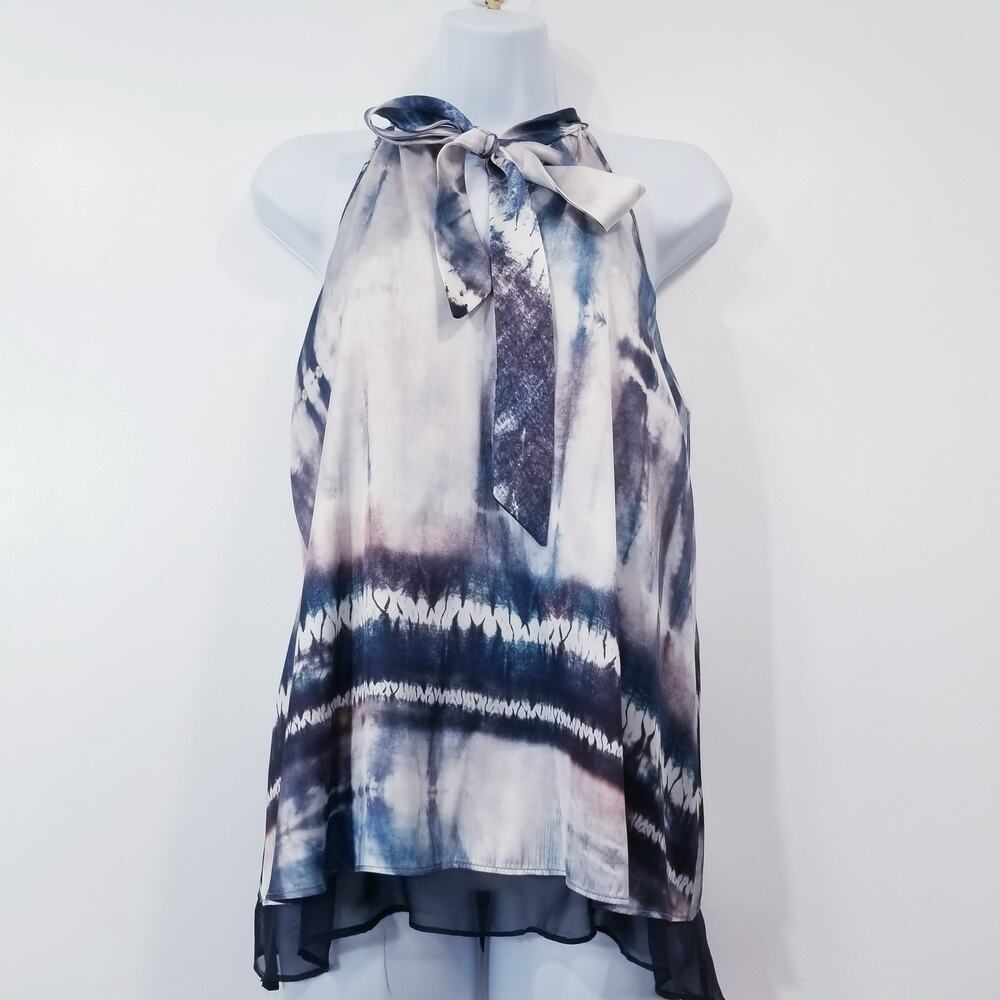 lola & sophie New York Printed Satin Pussybow Blouse Sleeveless Made in USA